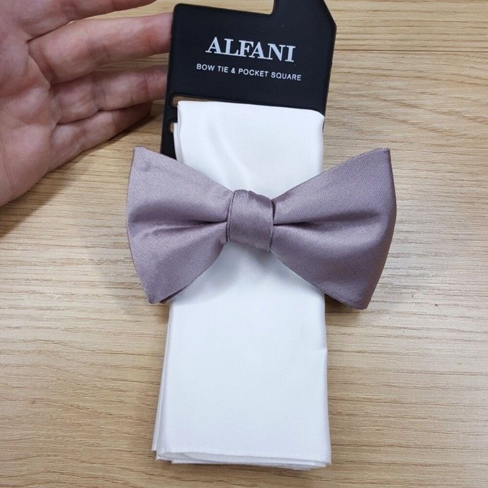ALFANI Mens Bow Tie Purple Lavender & Solid White Pocket Square Matching Set